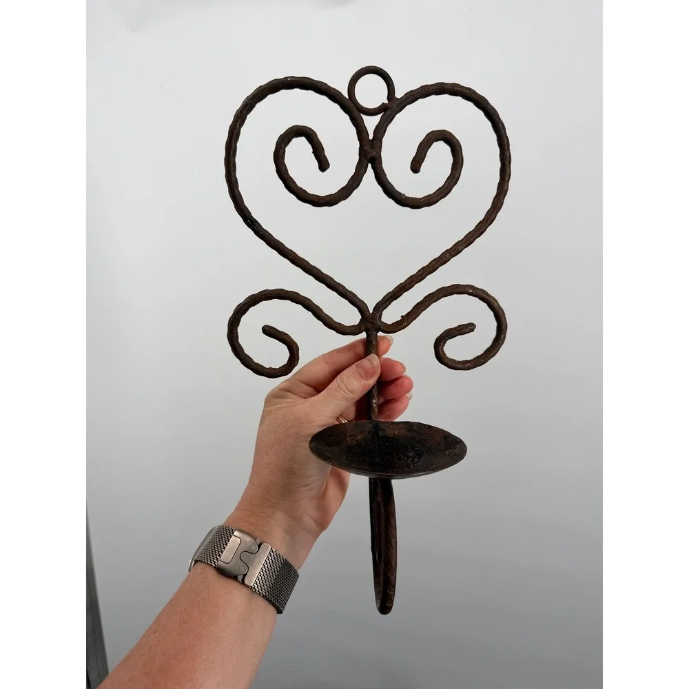 Vintage Wrought Iron Heart Scroll Wall Sconce Candle Holder Rustic Brown Metal